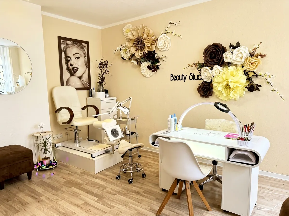 Helles Studio mit Maniküre-Tisch, Pediküre-Stuhl und Blumenwand